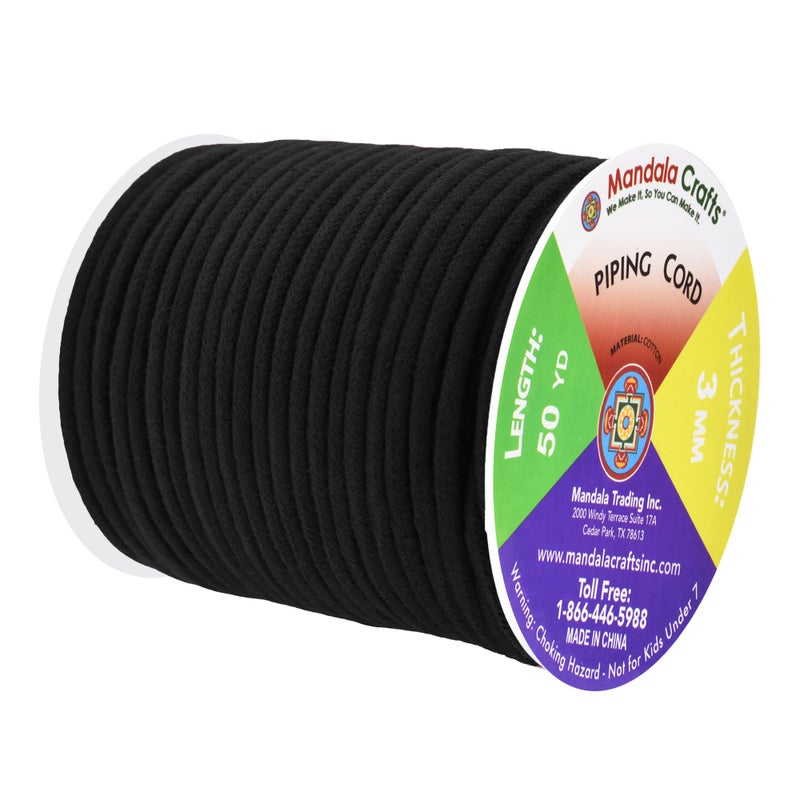 Mandala Crafts Black Soft Replacement Drawstring Cords for Sweatpants Bags - Piping Cord for Sewing Upholstery - 50 Yds 3mm Cotton Cording Macrame Rope Corset Strings - Image 2